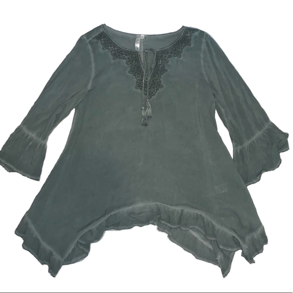 Green embroidered boho peasant top